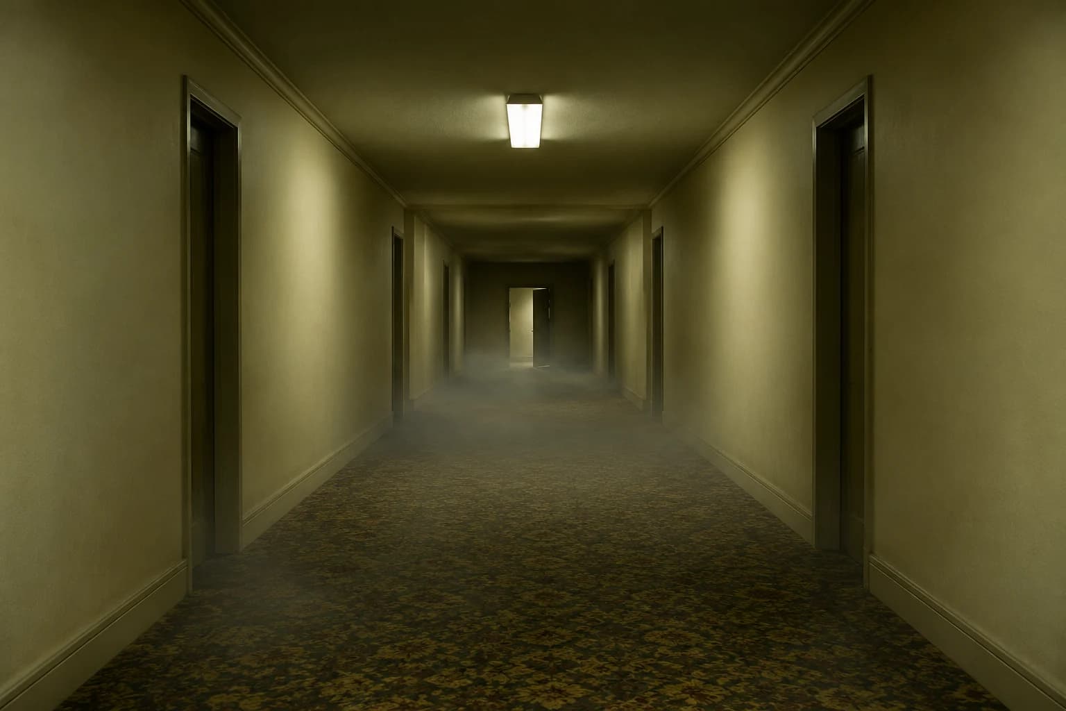 Original empty liminal corridor with cream walls, worn carpet and a ceiling light