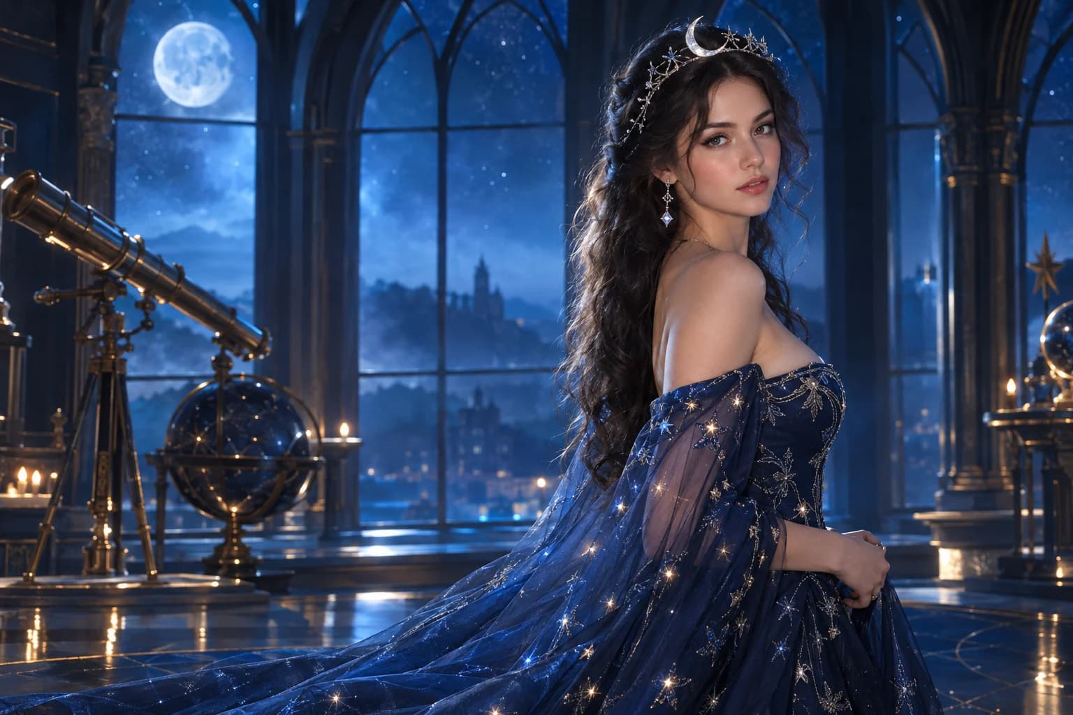 Adult in a midnight-blue cosmic princess gown inside a starry observatory