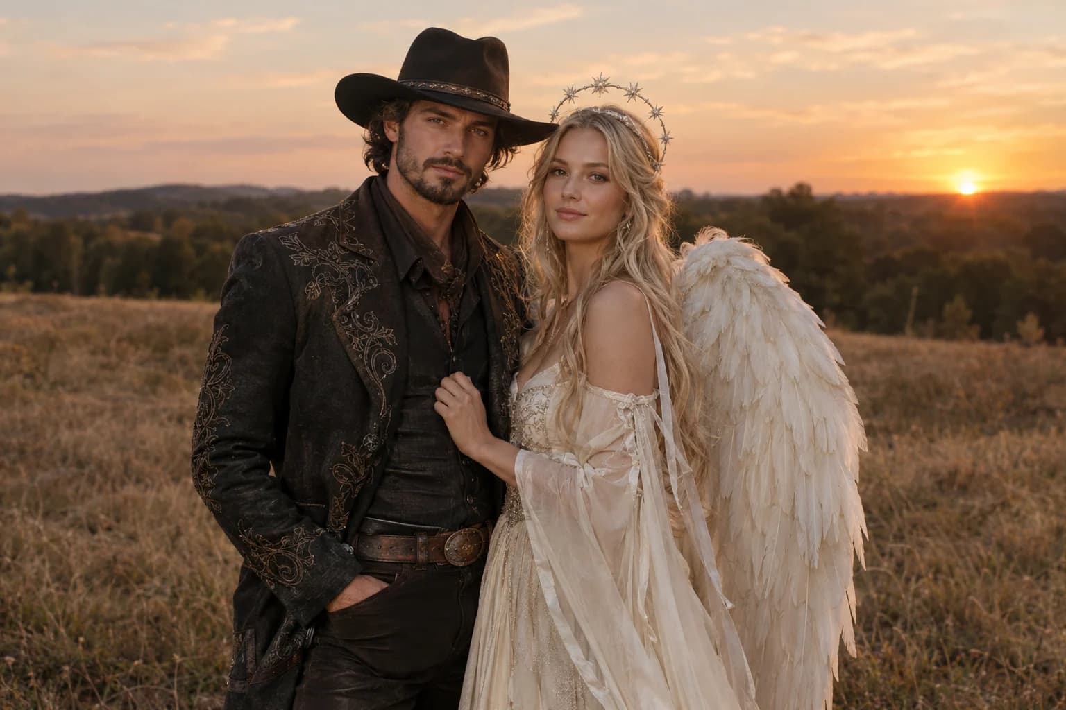Two adults in coordinated cowboy and angel Halloween costumes at dusk