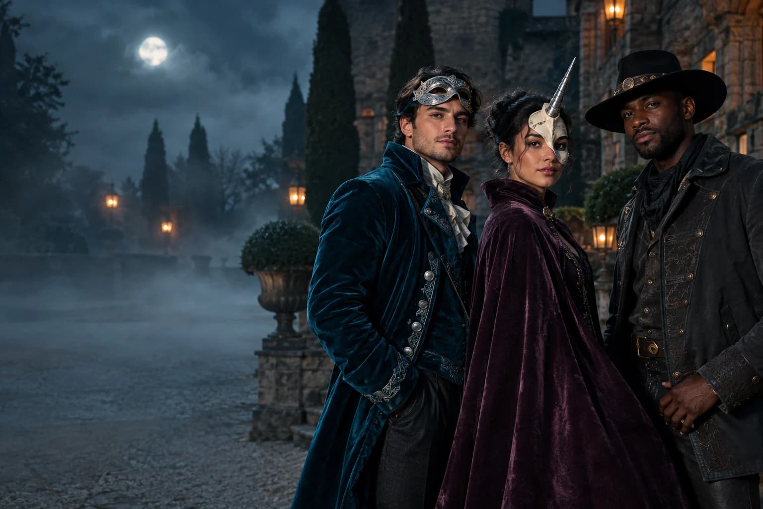 Three adults in original Halloween costumes standing in a foggy courtyard