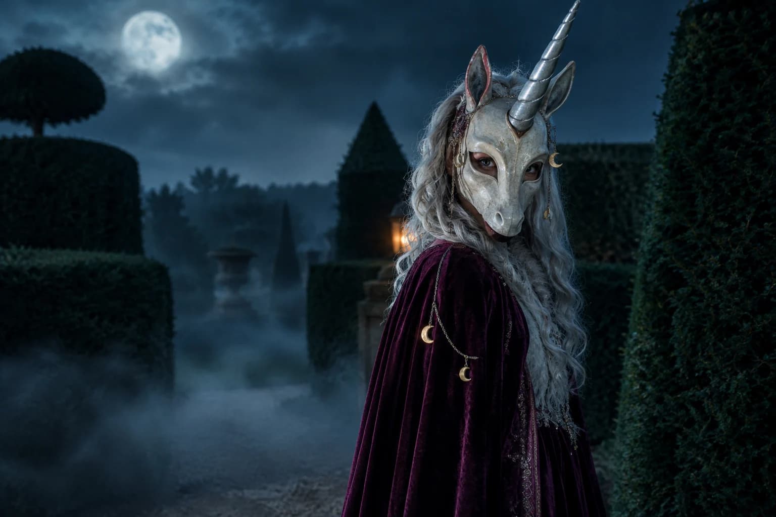 Adult in an original haunted unicorn mascot costume in a moonlit garden