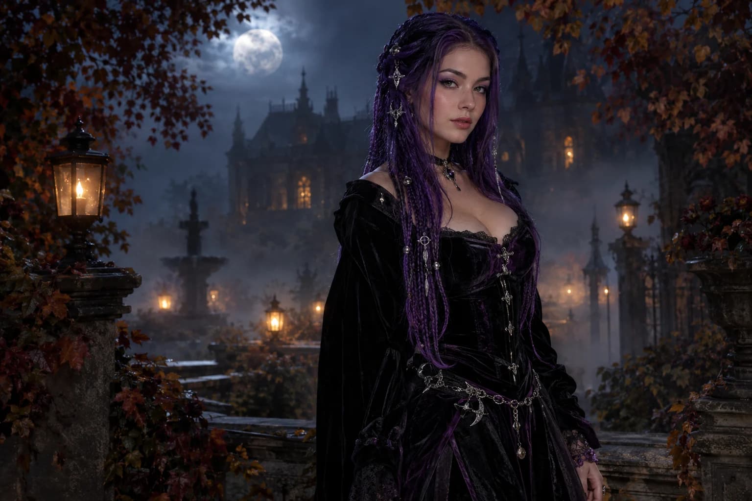 Adult with long violet braids in a dark velvet costume in a moonlit garden