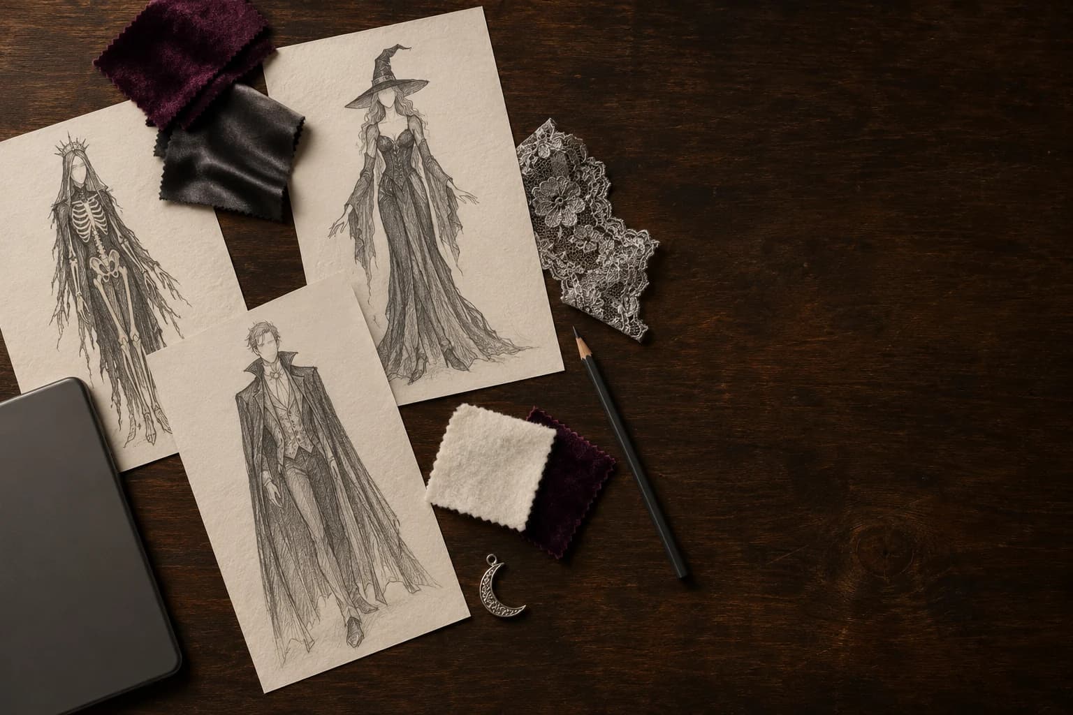 Costume sketches, fabric swatches and a tablet on a dark work table