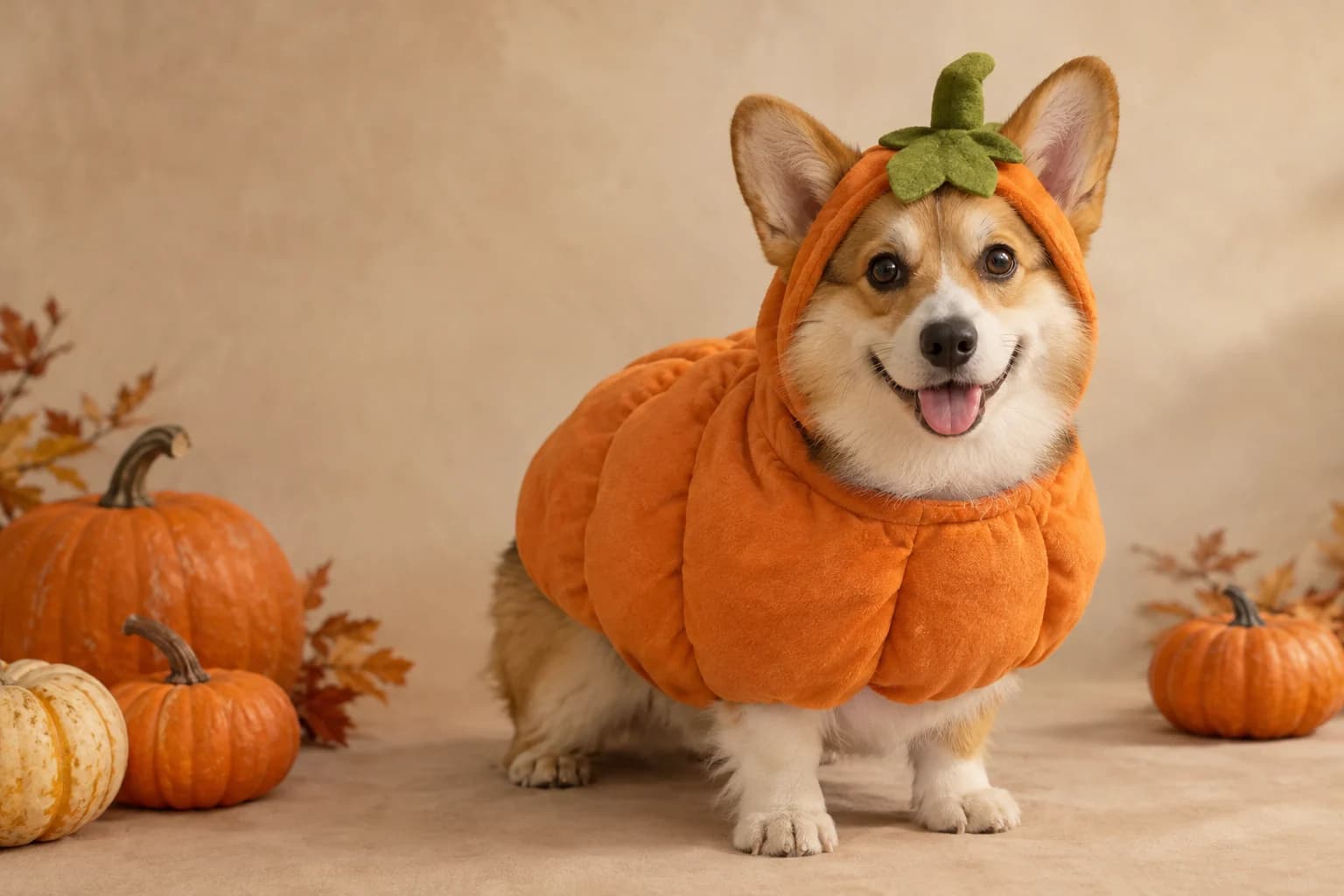 Dog in a soft pumpkin costume sitting in a warm autumn studio