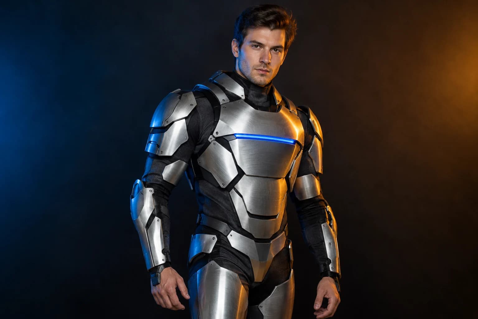 Adult wearing an original silver and charcoal robot costume in a studio
