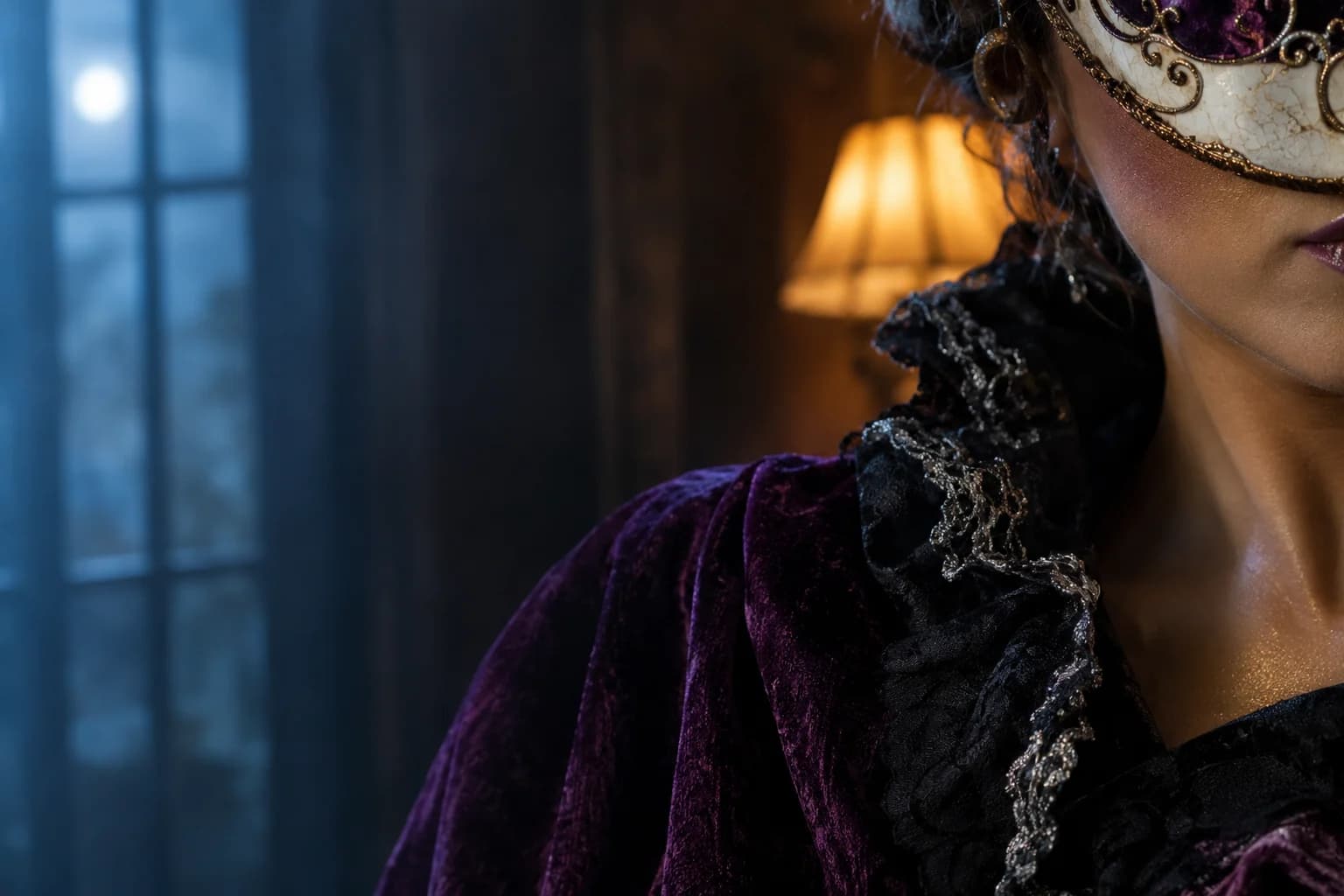 Close editorial detail of Halloween make-up and textured costume fabric