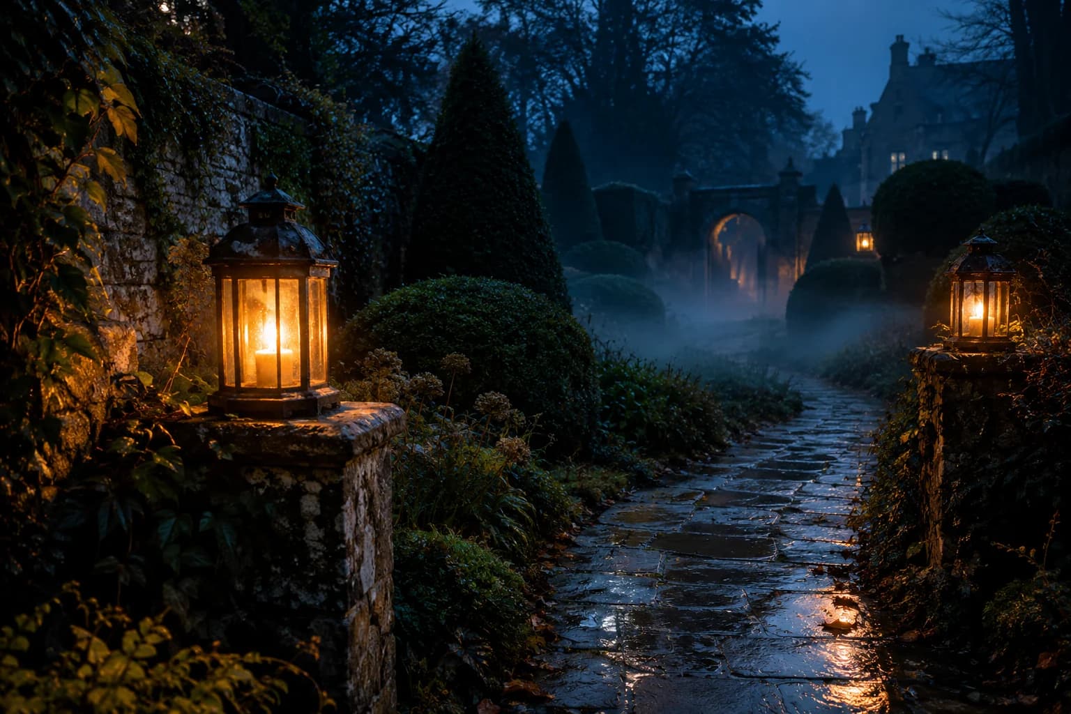 Cinematic still of a foggy Halloween path with glowing lanterns